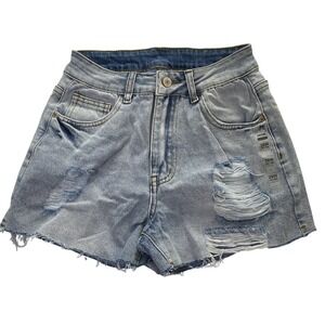 Denim Distressed High Waisted Jean Shorts Light Wash Raw Hem Size 2 26W